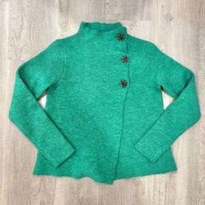 Adrienne Vittadini Emerald Green Wool Mock Neck Cardigan Small